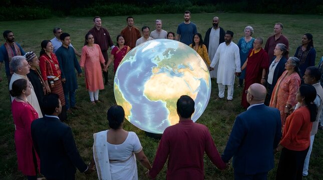 A diverse group of people from different cultures stands in a circle holding hands around a large glowing earth vector illustration.