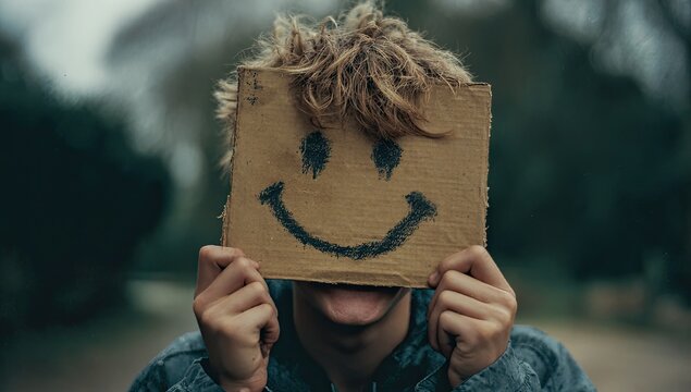 A young man playfully conceals his face with a cardboard sign bearing a simple, hand-drawn smiley face, evoking a sense of whimsical anonymity in a natural setting.