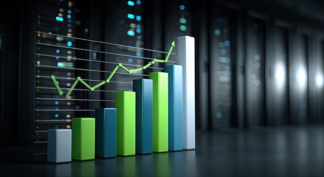 A vibrant green and blue bar graph with an upward trending line is superimposed over a blurred background of server racks, symbolizing growth and technological advancement.