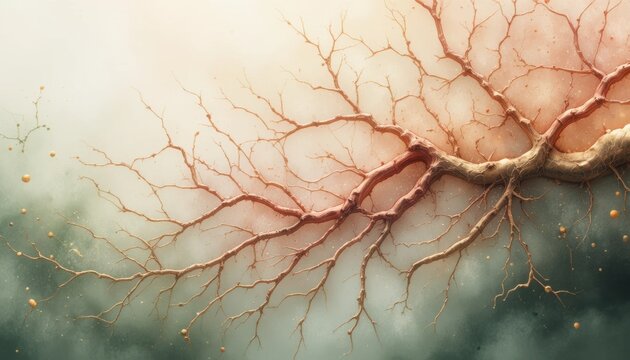 Abstract image resembling a branching neuron or tree roots with spherical nodes on a textured background.