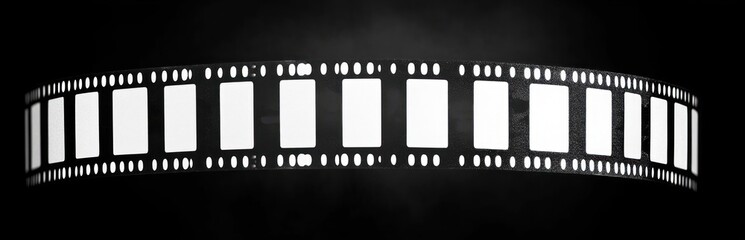 Fototapeta premium Curved filmstrip with blank white frames and sprocket holes on a dark moody background evoking cinematic nostalgia