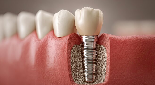 A detailed close-up view showcases a dental implant seamlessly integrated within the jawbone, demonstrating the process of tooth restoration and oral health.