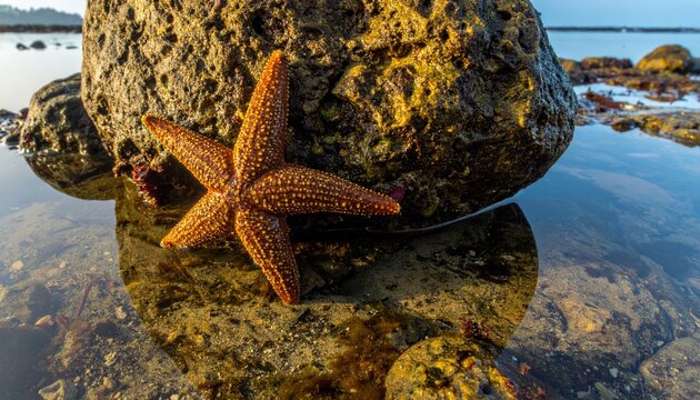 A brown starfish clings to a textured, submerged rock, showcasing vibrant marine colors and the beauty of underwater life.