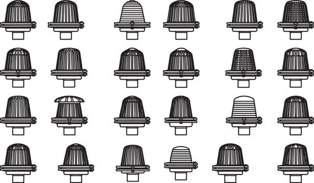 An assortment of diverse, stylized fire hydrants. Fire hydrants arranged to display variety in the design.