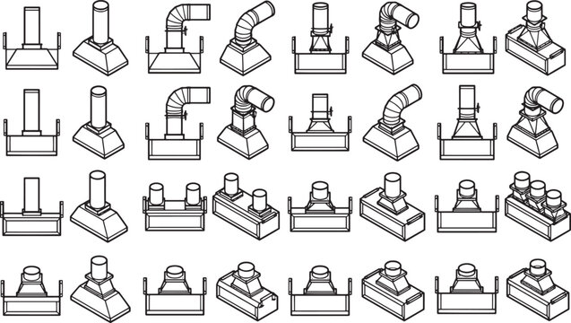 A collection of Various Chimney Caps and Flue Pipe Components, offering a comprehensive array of functional elements, each rendered in meticulous detail, ensuring clarity and utility.