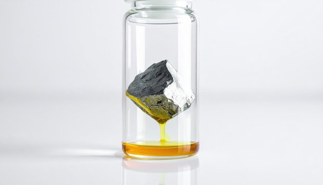 A chunk of gray lithium metal submerged in clear yellowish mineral oil within a glass laboratory vial.