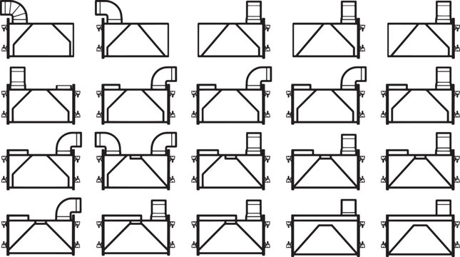 A series of ventilation ducts, a set of meticulously arranged industrial air ducts for HVAC or engineering. 