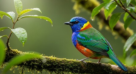 Fototapeta premium A vibrant bird perches on a mossy branch surrounded by lush green leaves in a serene natural setting with foliage.