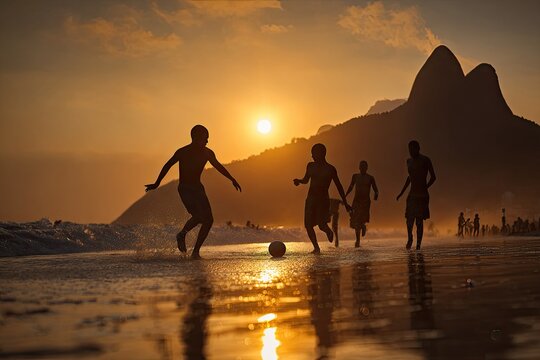 Silhouetted figures of children joyfully play soccer on a sandy beach at sunset, with the iconic Sugarloaf Mountain providing a stunning backdrop.