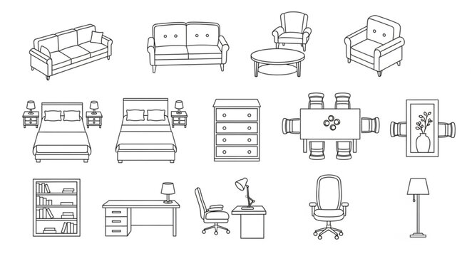 Collection of Furniture Line Drawings for Interior Design.