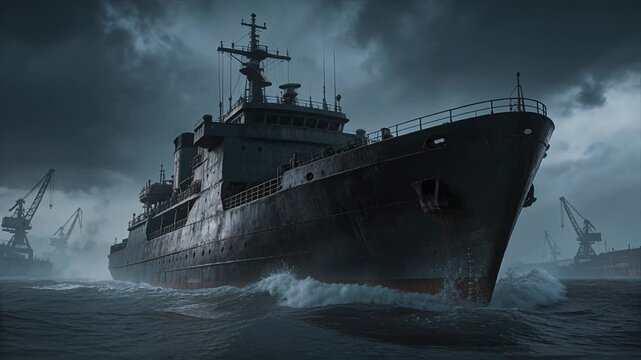 ship navigating rough seas under dark stormy skies