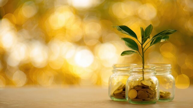 Lush green plant sprouting from glass jar filled with golden coins