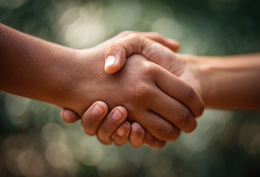 A close-up shot depicts two hands clasped together in a firm handshake, symbolizing trust, agreement, and connection against a blurred natural background.
