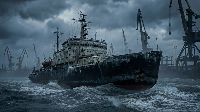 shipwreck in stormy harbor with cranes and dockyard