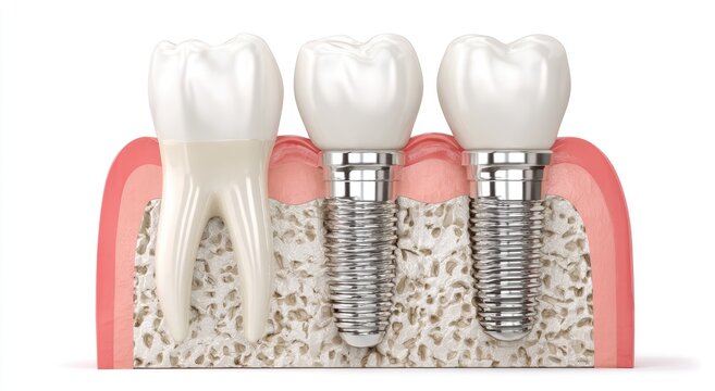 A detailed 3D rendering illustrates the placement of dental implants within the jawbone, showcasing the integration of the titanium screws and the resulting artificial teeth.