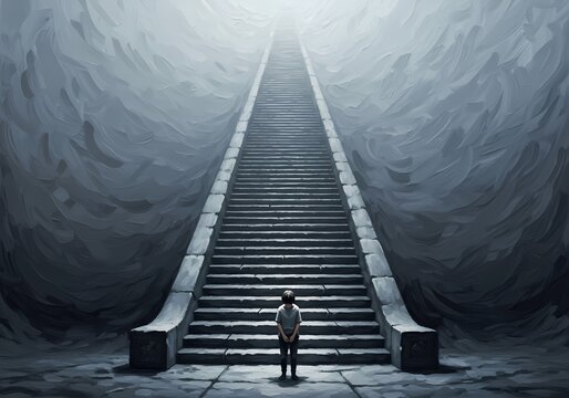 A lone boy stands hesitantly before towering ancient stone stairs ascending into a misty, ethereal glow.