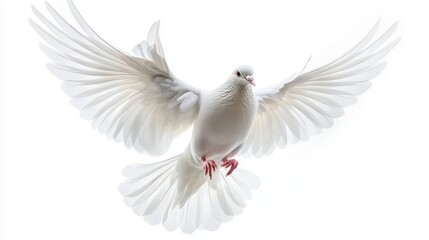 Fototapeta premium White dove in mid-flight with outstretched wings and delicate feathers against a bright white background conveying peace and serenity