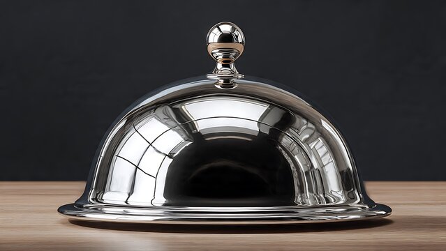 Polished chrome restaurant dome rests on a wooden table surface representing high end gourmet service and luxury hospitality catering for fine dining events