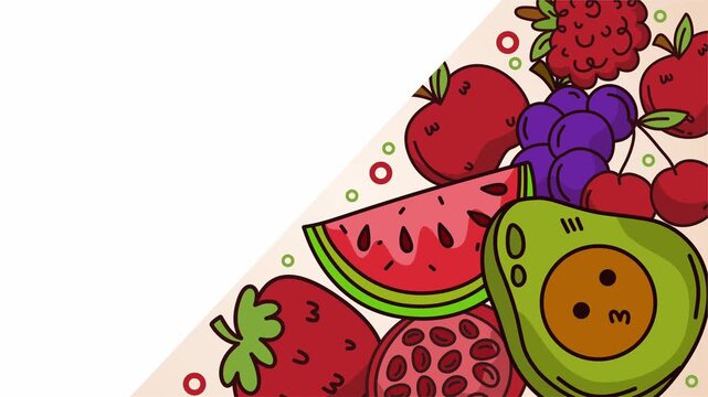 Fresh assorted fruits corner arrangement with cute smiling faces characters