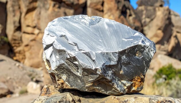 Pristine chunk of unrefined zinc ore, exhibiting a rough texture and dull metallic sheen, set against a rocky outdoor landscape.