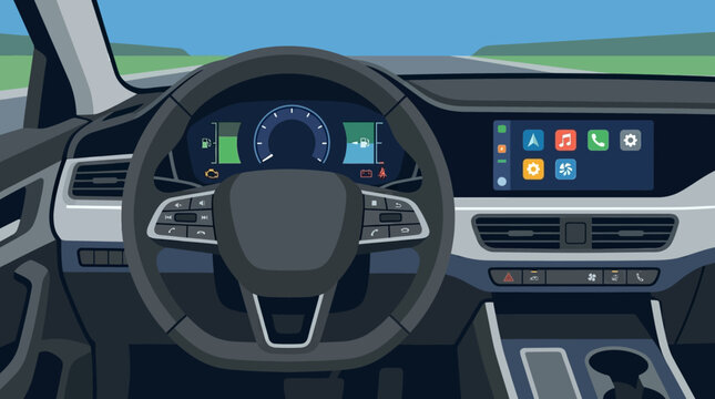 Modern car steering wheel and dashboard.
