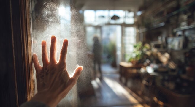 A blurred image depicts a hand pressed against a window with condensation, hinting at a sense of longing or separation, with a shadowy figure visible in the background.