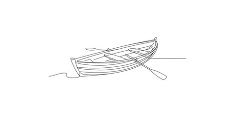 A simple line drawing of a small boat with oars on calm water rowing © Line Art