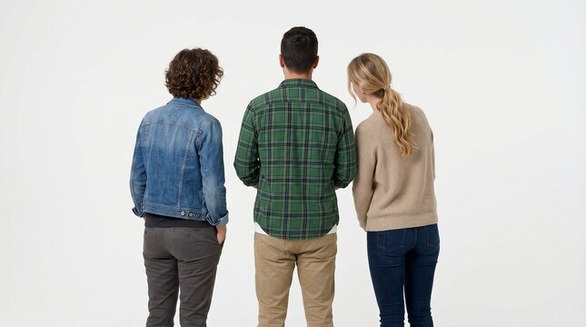 Three people standing and looking at something seen from back angle, isolated on white background