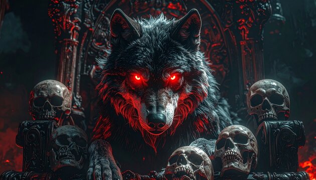 ゴシック玉座に座る赤眼オオカミ闇アート2