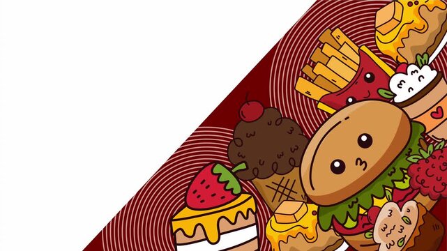 Fast food and dessert combo corner on striped red background