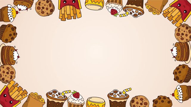 Fast food snacks and sweets frame on cream background layout
