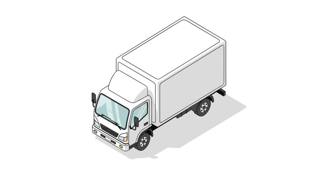 Pristine white isometric delivery truck positioned at a high angle displays a clean cargo container and detailed cab design for transport services.