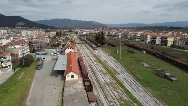Drone Pullback Shot in Railway Station of Drama City Greece, Aerial View