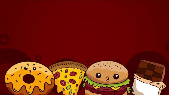 Junk food characters border featuring donut pizza burger and chocolate