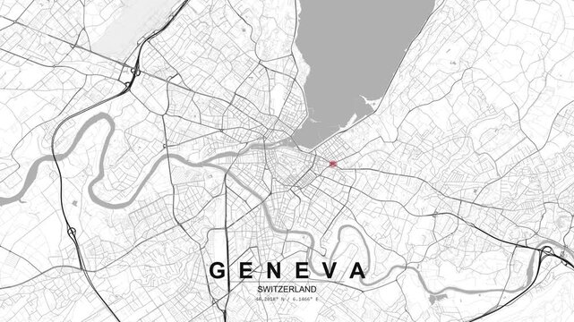 Monochrome city map of Geneva, Switzerland, showing dense street grid, major roads, lake shoreline and a red location pin marking the central urban area.