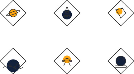 Collection of simple hand drawn space icons featuring planets ufo and satellites in diamonds © MdFarhad