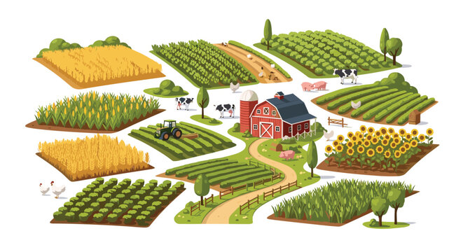 Collection of modular isometric farming elements includes a red barn and green tractor alongside various patches of wheat sunflowers and vegetable crops.