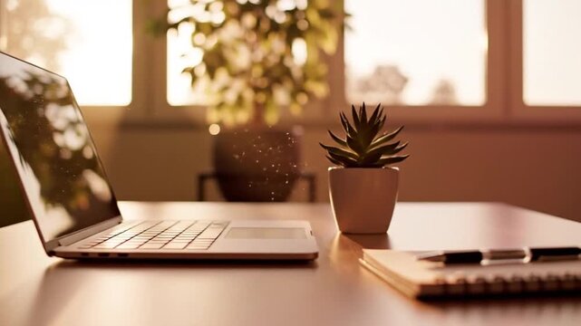 Laptop and plant on a wooden table in a bright room.