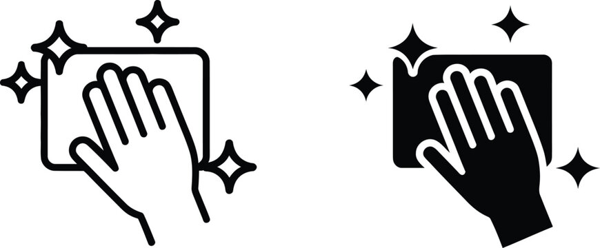 Hand cleaning surface with sponge and stars sparkles, outline hand washing surface