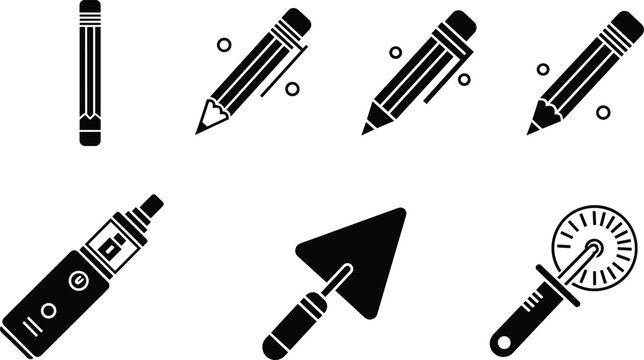 Tool and Stationery Icon Set with Pencil, Cutter, Trowel and Pizza Cutter Silhouette Vector Illustration Collection