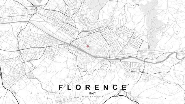 City map of Florence, Italy, with a visible river cutting through the layout, surrounded by dense streets and a red location pin at the center.