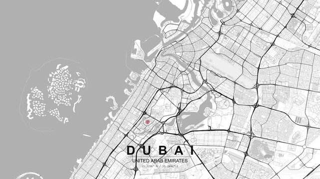 City map of Dubai, UAE, featuring coastal outline, major road connections and a red location pin highlighting a point within the urban grid.