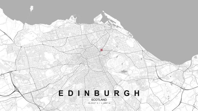 Map of Edinburgh, Scotland, displaying coastal contours, urban street layout and a red location pin marking a central position in the city.