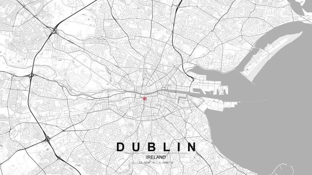 Urban map of Dublin, Ireland, showing a river flowing across the city, connected streets and a red location pin placed in the central area.