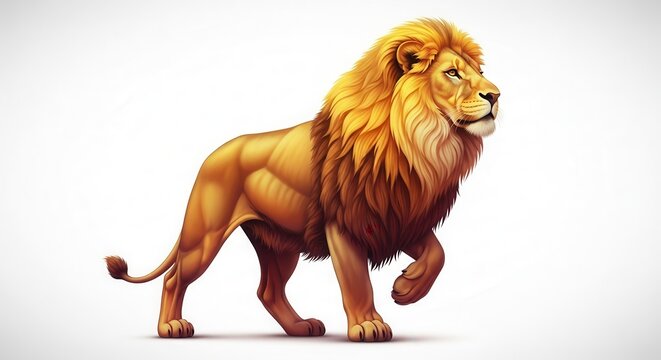 Majestic illustration of a powerful golden-maned lion walking with a confident stride on a
