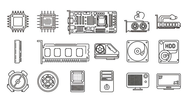 Collection of line icons representing computer hardware components and tech devices.