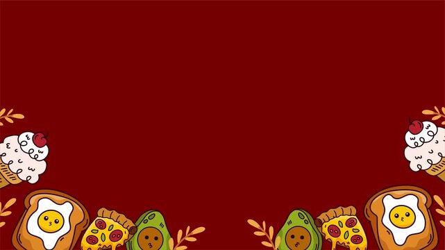 red background with cute breakfast border of eggs and toast