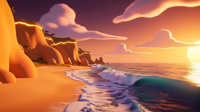 Cartoon-style coastal cliffs overlooking a glowing sunset ocean, featuring fluid wave motion and soft cloud stretching in a vibrant fantasy beach setting