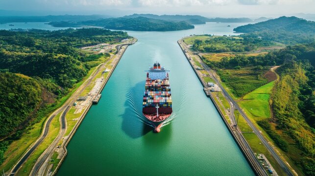 Aerial view of a large container ship passing through the Panama Canal
