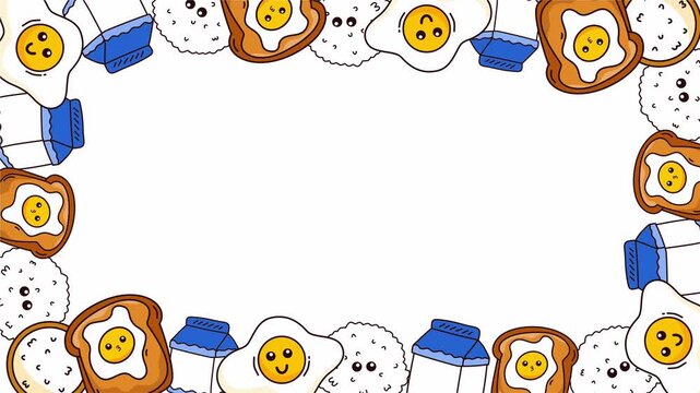 white background border with milk bread and fried egg pattern